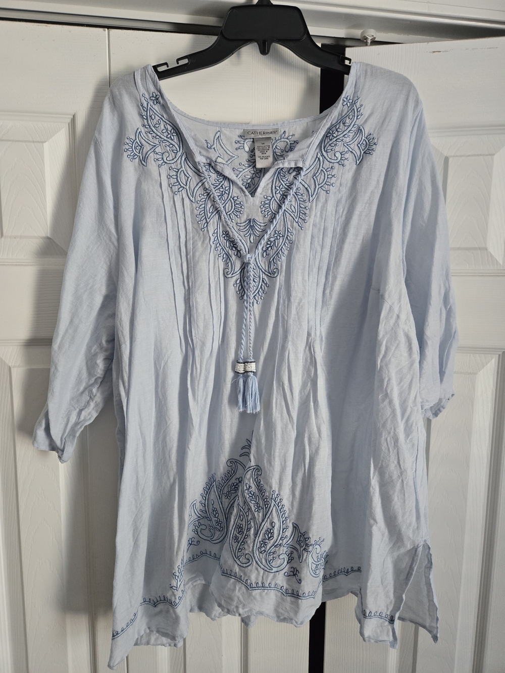 Catherines Light Blue Embroidered V-Neck Tunic with Tassel